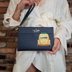 AUTHENTIC Kate Spade BEEP BEEP Navy Yellow VW BUG Leather Wristlet Bag CLUTCH